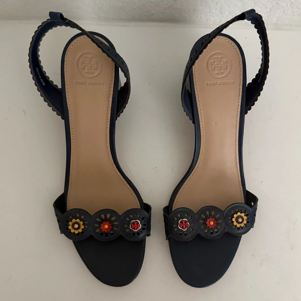 TORY BURCH Marguerite Perforated Floral Navy Blue Slingback Block Heel Sandal 10